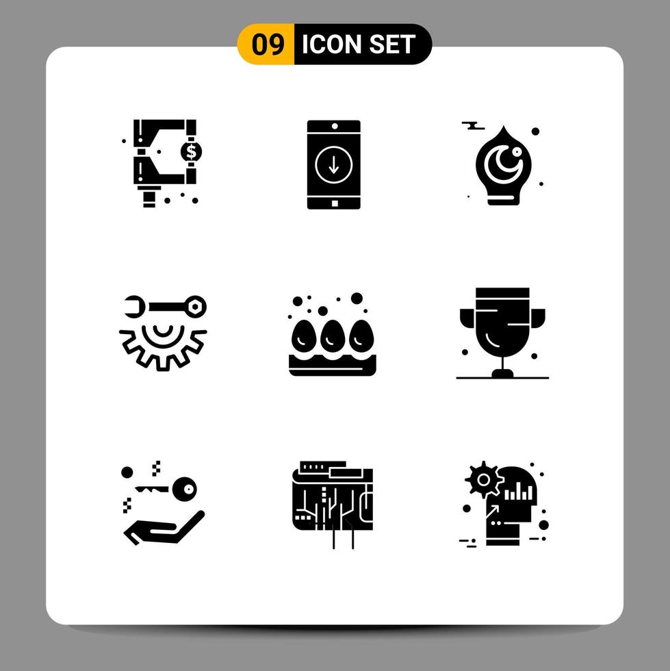 Mobile Interface Solid Glyph Set of 9 Pictograms of repair garage tools arrow wrench wheel muslim Editable Vector Design Elements