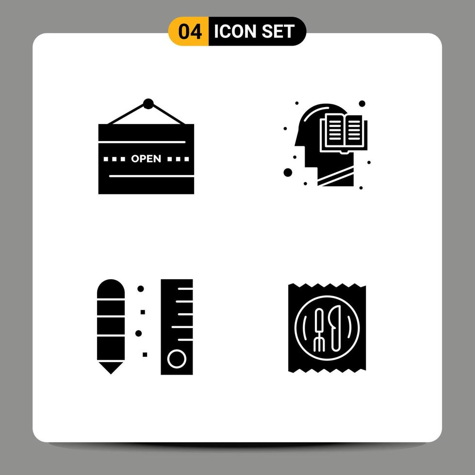 Editable Vector Line Pack of 4 Simple Solid Glyphs of and mind restaurant education draw Editable Vector Design Elements