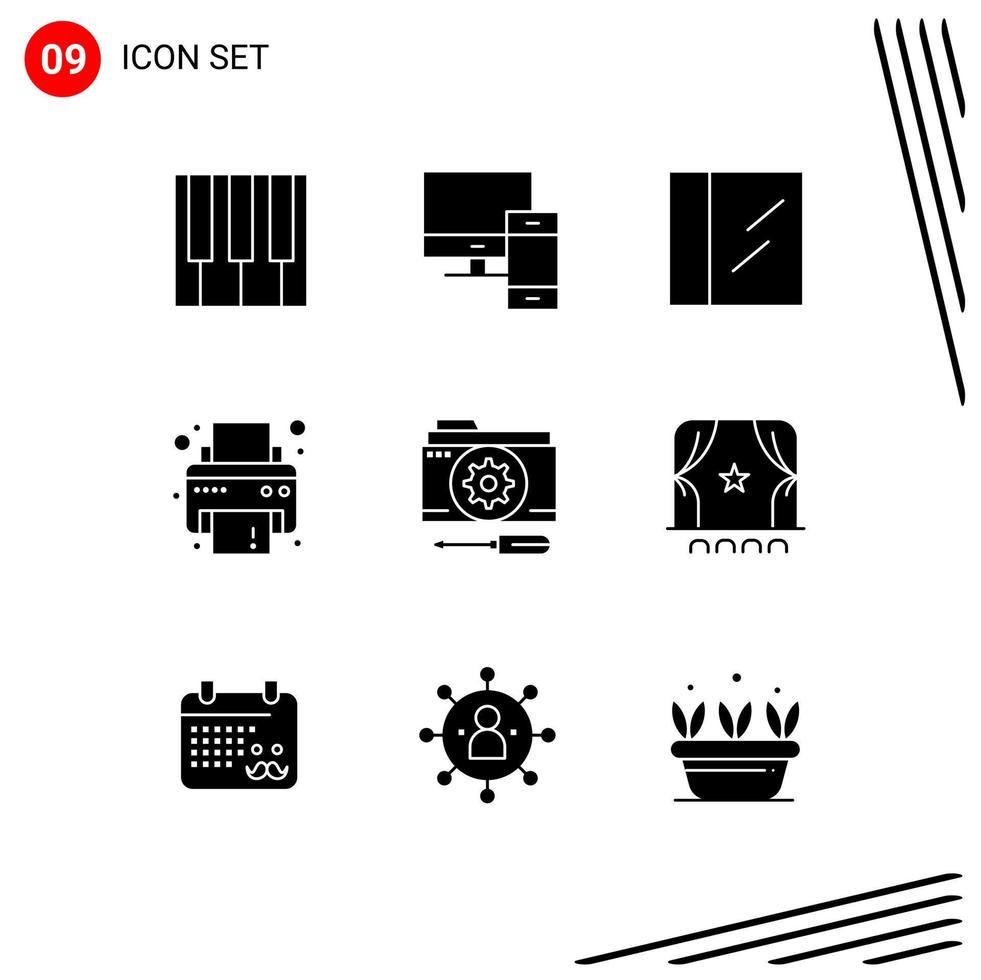 9 User Interface Solid Glyph Pack of modern Signs and Symbols of options configuration pc printer device Editable Vector Design Elements