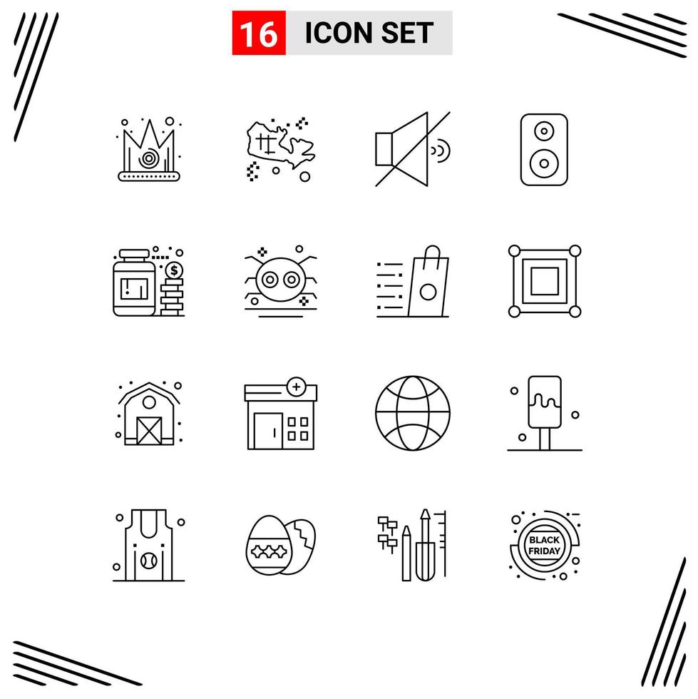16 Universal Outlines Set for Web and Mobile Applications savings jar mute currency woofer Editable Vector Design Elements