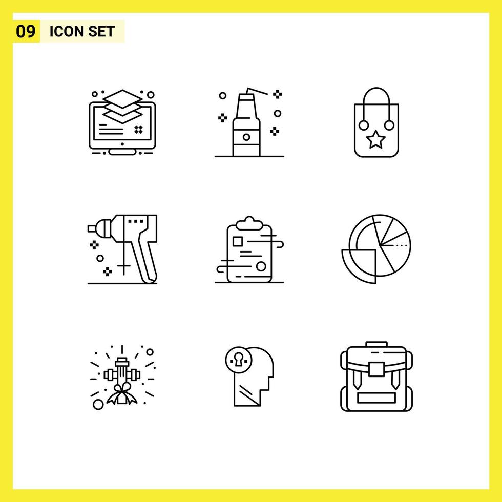 Set of 9 Vector Outlines on Grid for clipboard puncher weapons perforator journey Editable Vector Design Elements