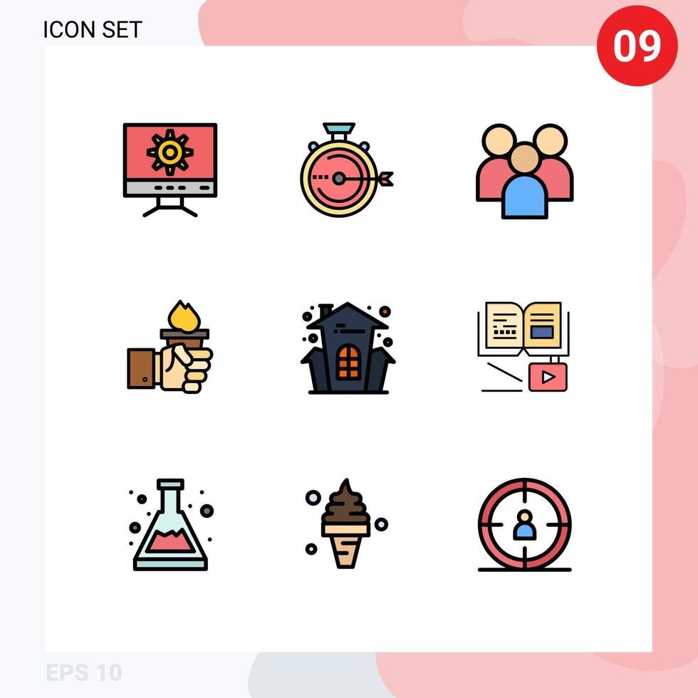 Set of 9 Commercial Filledline Flat Colors pack for olympic leader employee hand team Editable Vector Design Elements