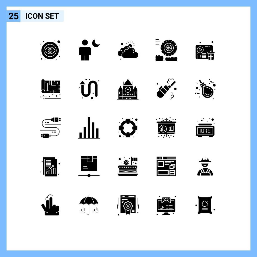 Pack of 25 creative Solid Glyphs of fail wheel night motion sun Editable Vector Design Elements