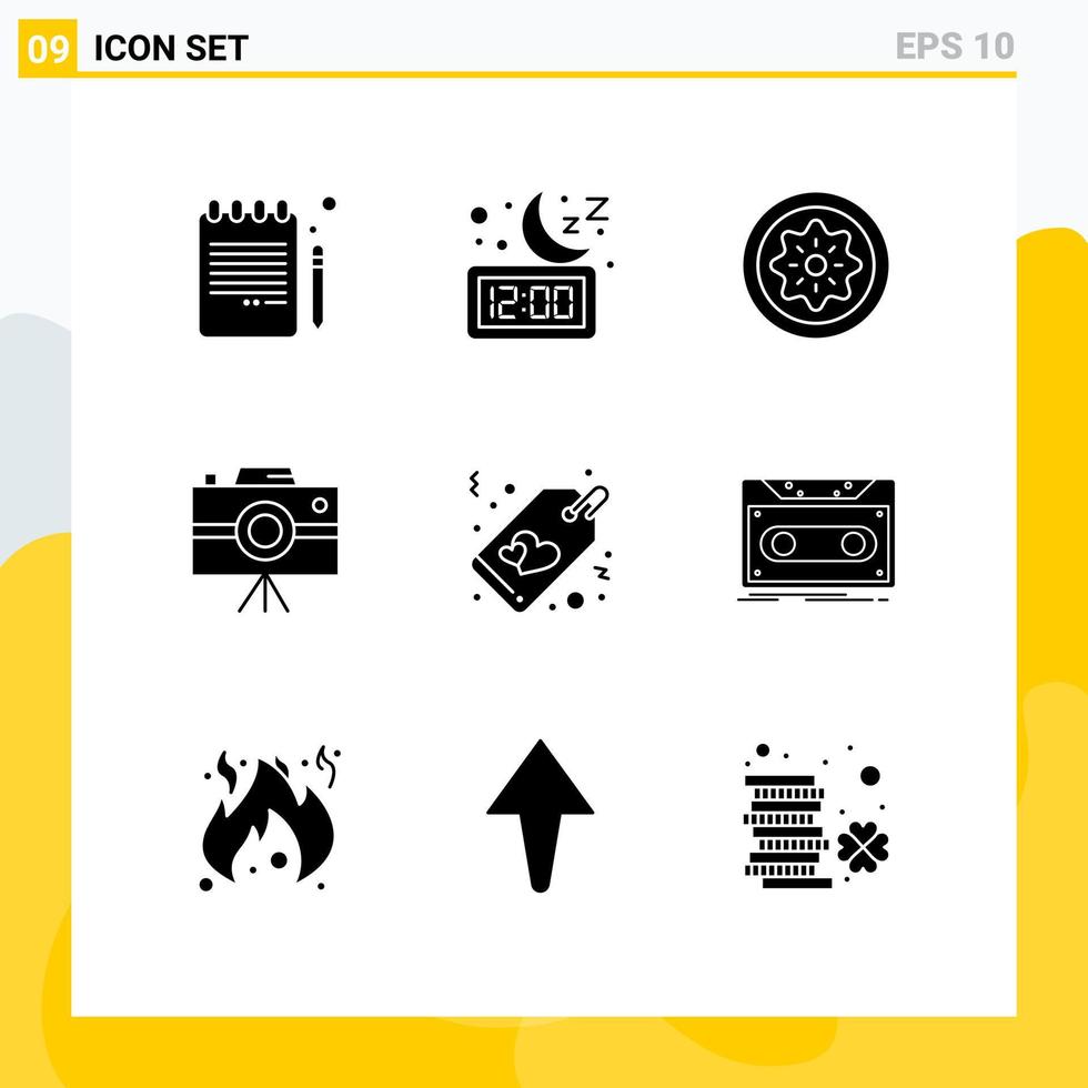 Editable Vector Line Pack of 9 Simple Solid Glyphs of professional camera handycam time camcorder kiwi Editable Vector Design Elements