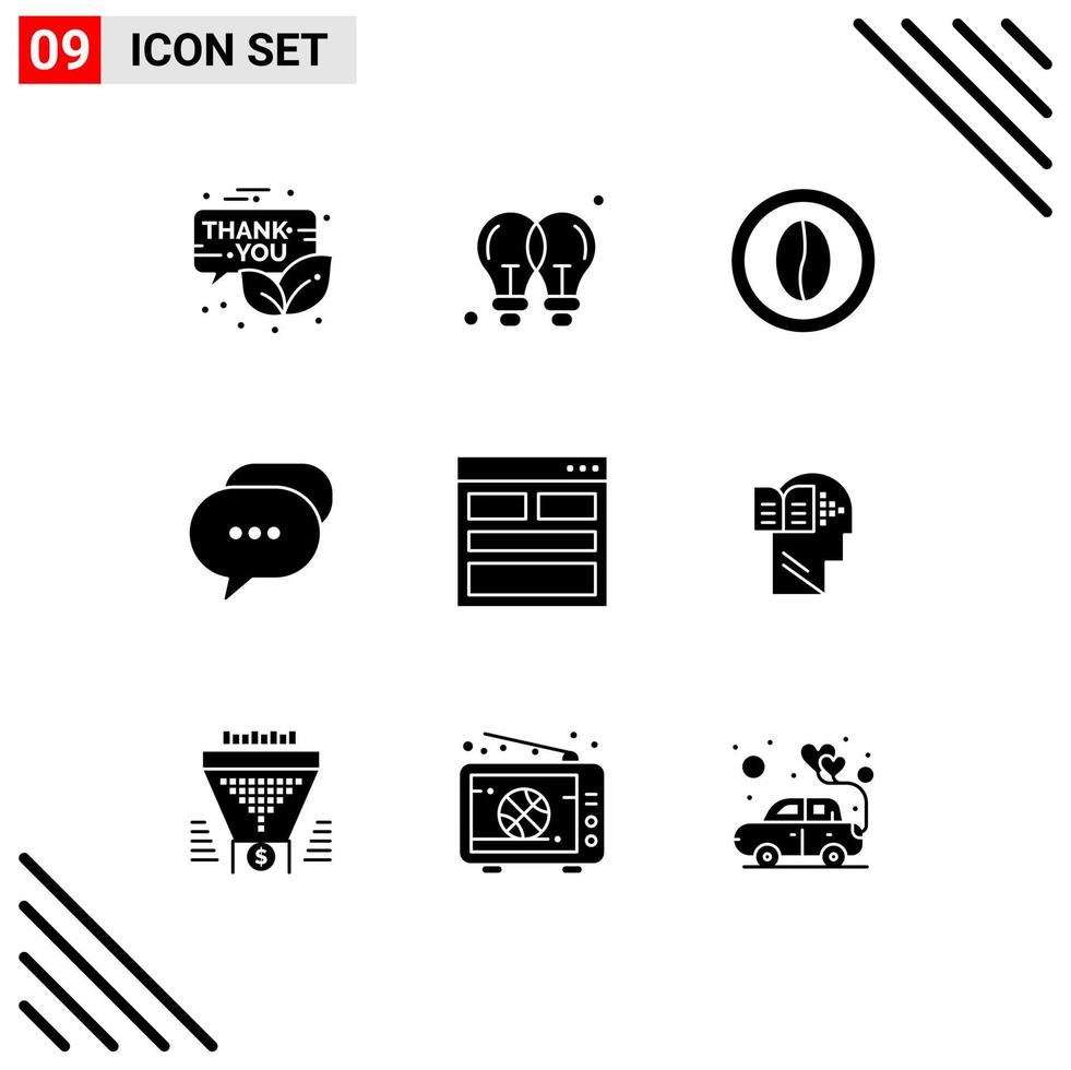 Modern Set of 9 Solid Glyphs Pictograph of messages chat light bulb grain drink Editable Vector Design Elements