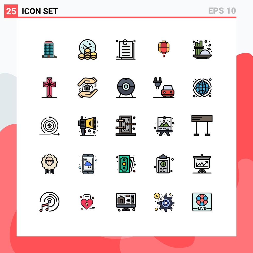 paquete de 25 modernos signos y símbolos de colores planos de línea rellena para medios de impresión web, como condimentos, canela, decoración de contratos, elementos de diseño de vectores editables de china