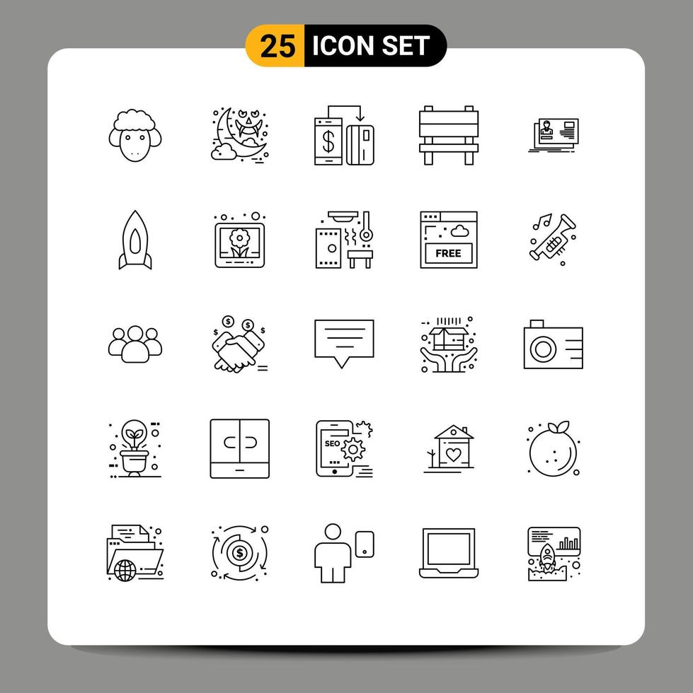 Pack of 25 Modern Lines Signs and Symbols for Web Print Media such as id furniture cashless chair smartphone Editable Vector Design Elements