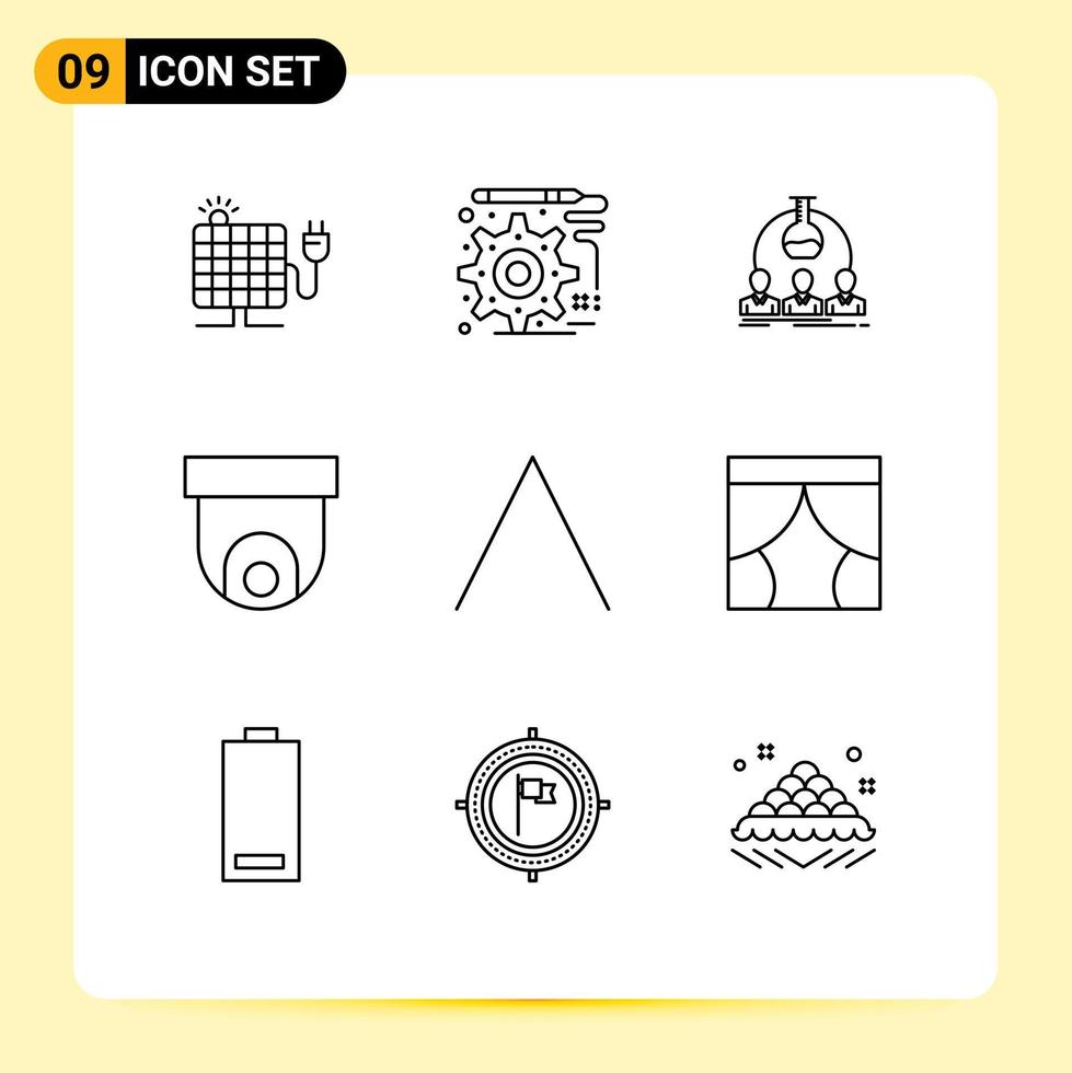 Modern Set of 9 Outlines Pictograph of top video lab security camera camera Editable Vector Design Elements