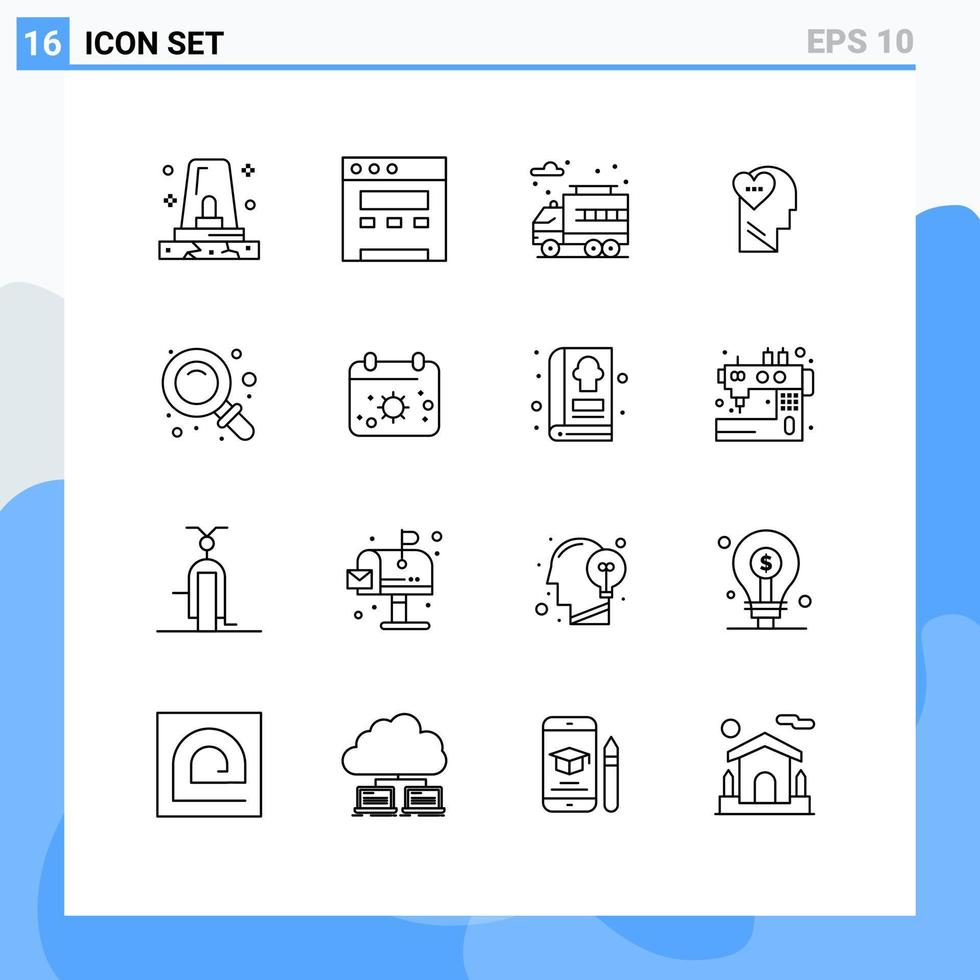 Modern Set of 16 Outlines and symbols such as beach research truck school head Editable Vector Design Elements