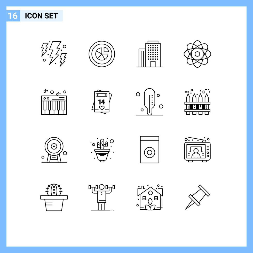 User Interface Pack of 16 Basic Outlines of sound music report science atom Editable Vector Design Elements