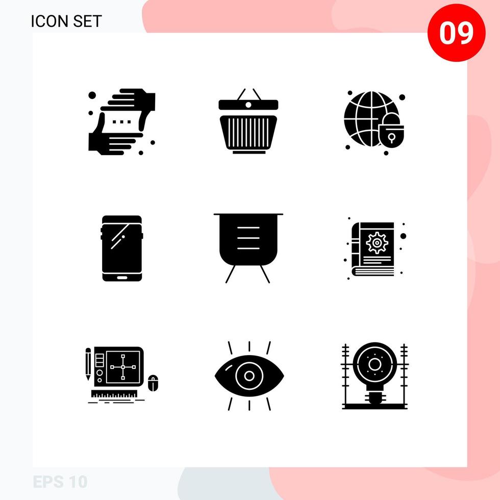 Mobile Interface Solid Glyph Set of 9 Pictograms of samsung mobile cart smart phone globe Editable Vector Design Elements