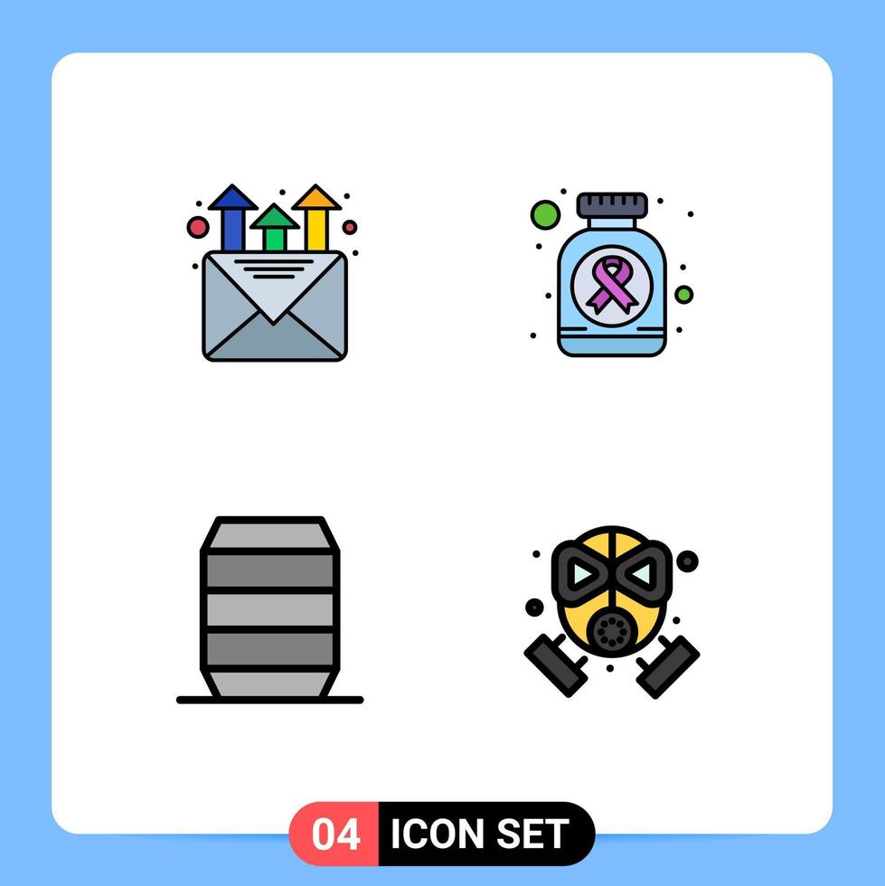 Mobile Interface Filledline Flat Color Set of 4 Pictograms of mail fast food bottle cancer sign fire Editable Vector Design Elements