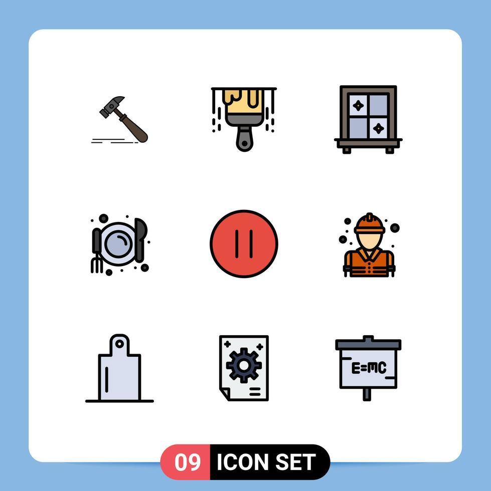paquete de 9 modernos signos y símbolos de colores planos de línea rellena para medios de impresión web, como elementos de diseño de vectores editables de comida multimedia interior de pausa de combate