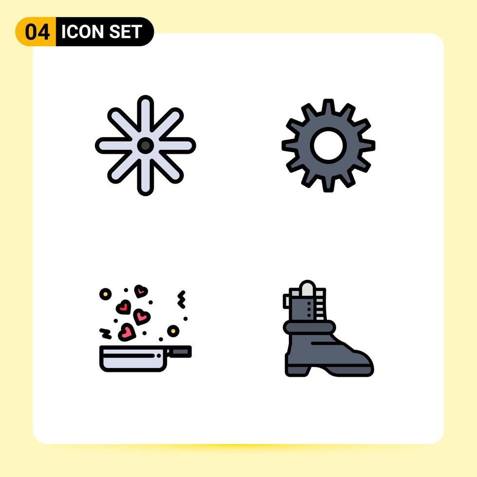 Pack of 4 Modern Filledline Flat Colors Signs and Symbols for Web Print Media such as flower romance cogs cooking boot Editable Vector Design Elements