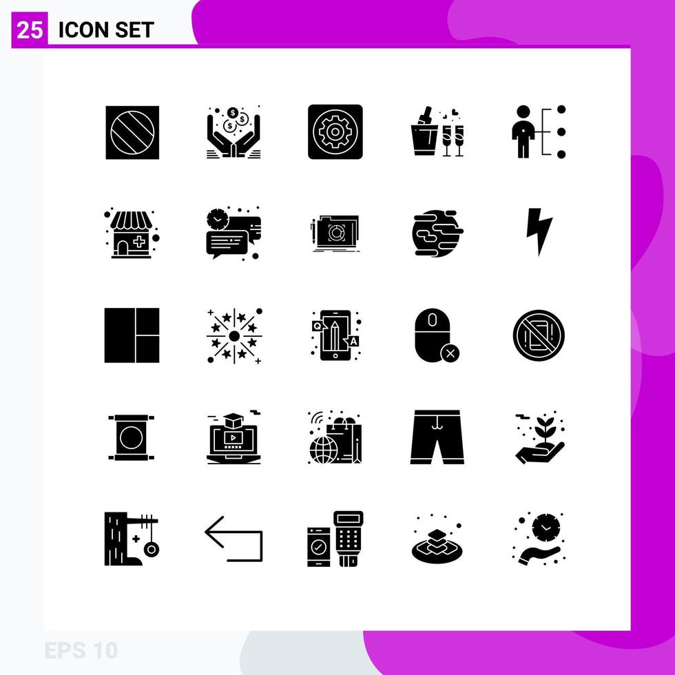 conjunto moderno de 25 glifos sólidos y símbolos tales como habilidades amor engranaje herramienta de vidrio elementos de diseño vectorial editables vector