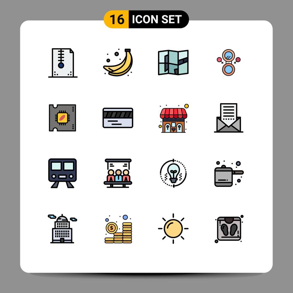 Group of 16 Flat Color Filled Lines Signs and Symbols for processor chip microchip location cpu eight Editable Creative Vector Design Elements