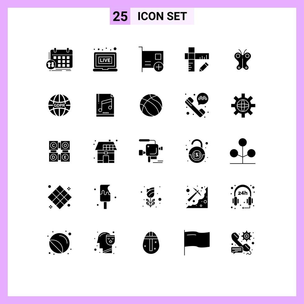 Pack of 25 Modern Solid Glyphs Signs and Symbols for Web Print Media such as butterfly ruler add geometry hardware Editable Vector Design Elements