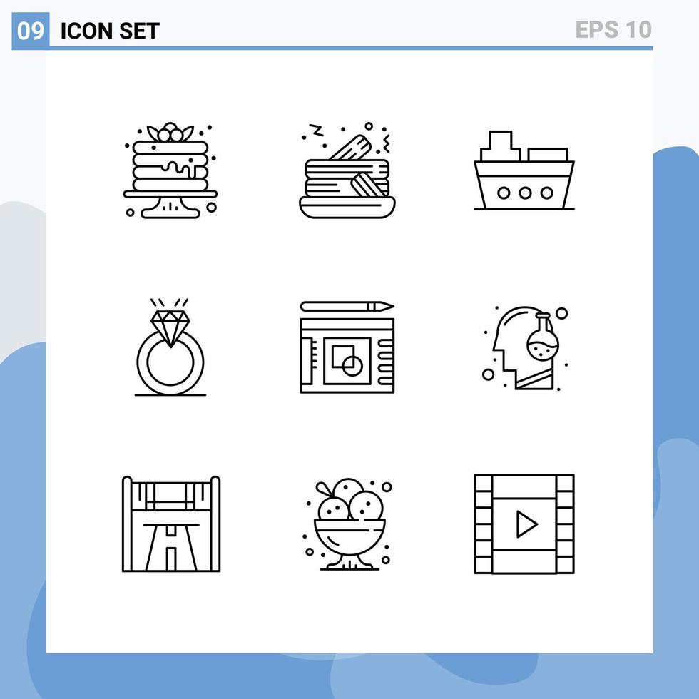 Group of 9 Modern Outlines Set for layout love marine marriage diamound Editable Vector Design Elements