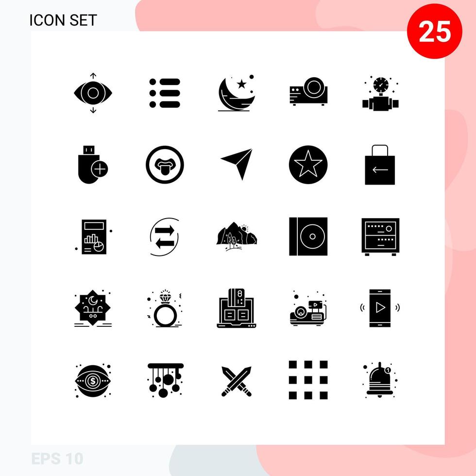Pictogram Set of 25 Simple Solid Glyphs of mechanical multi media cresent movie projector Editable Vector Design Elements