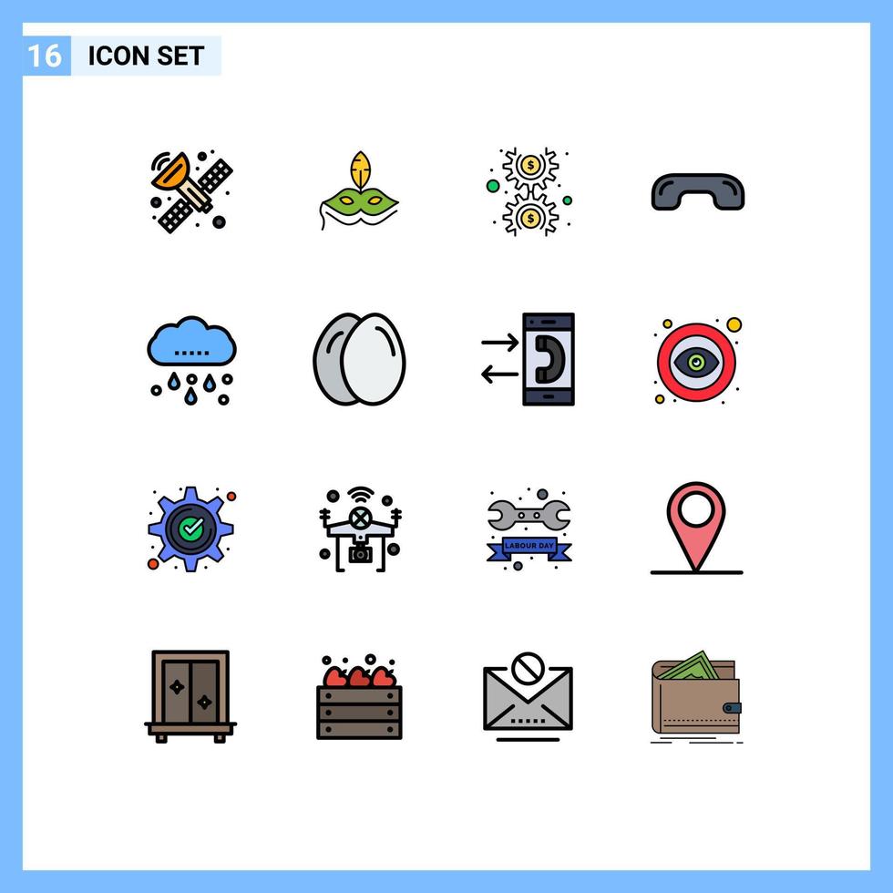 16 Thematic Vector Flat Color Filled Lines and Editable Symbols of rain up gear phone hang Editable Creative Vector Design Elements