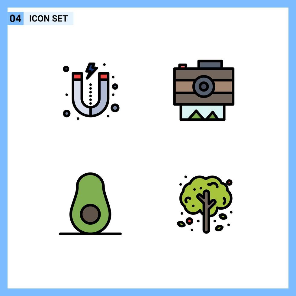 4 User Interface Filledline Flat Color Pack of modern Signs and Symbols of lead fruit camera recording apple tree Editable Vector Design Elements