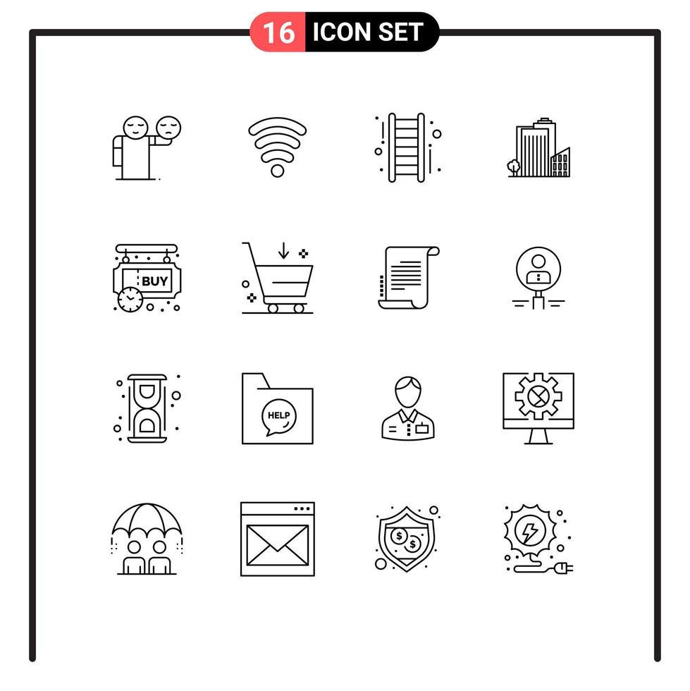 Pack of 16 Modern Outlines Signs and Symbols for Web Print Media such as buy real estate up tower build Editable Vector Design Elements