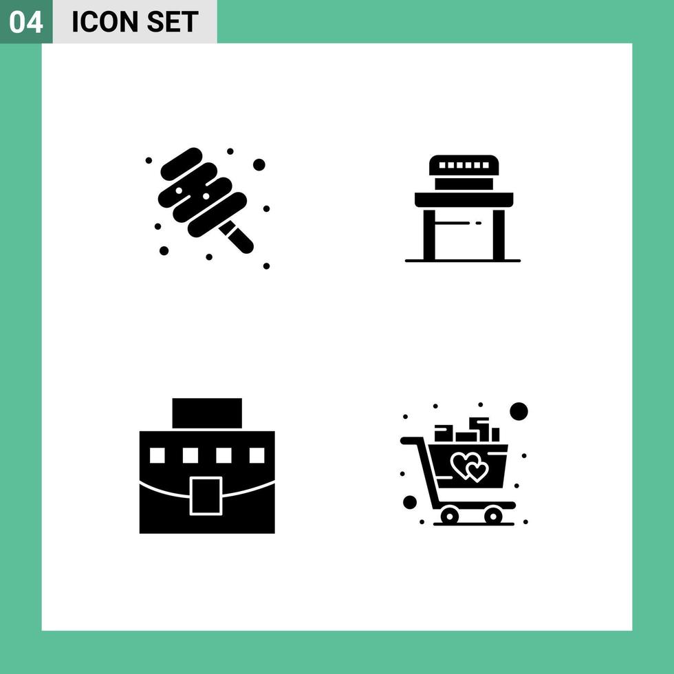 4 Thematic Vector Solid Glyphs and Editable Symbols of food bag candy chair office Editable Vector Design Elements