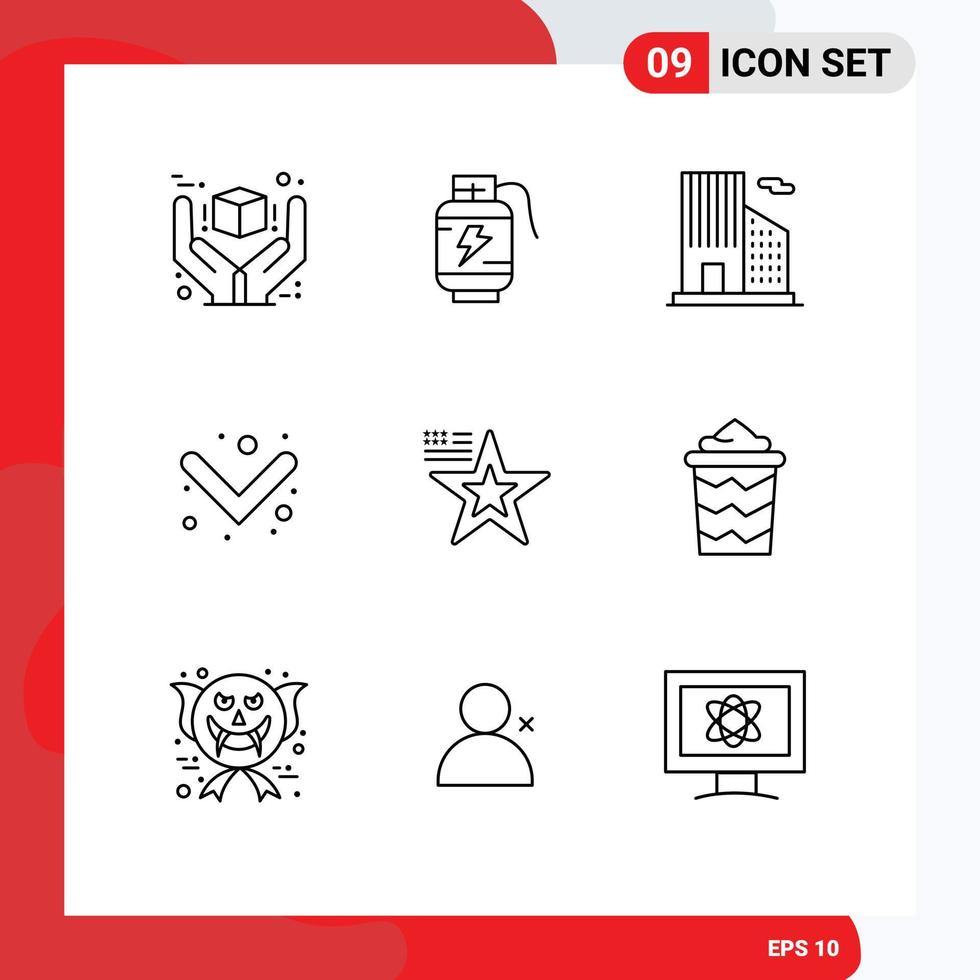 Pack of 9 Modern Outlines Signs and Symbols for Web Print Media such as flag star charg full arrow Editable Vector Design Elements