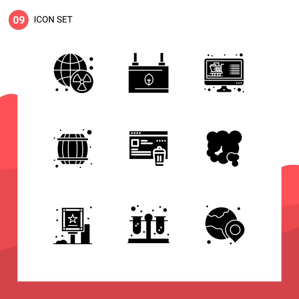 Group of 9 Solid Glyphs Signs and Symbols for drink beer barrel energy alcohol display Editable Vector Design Elements