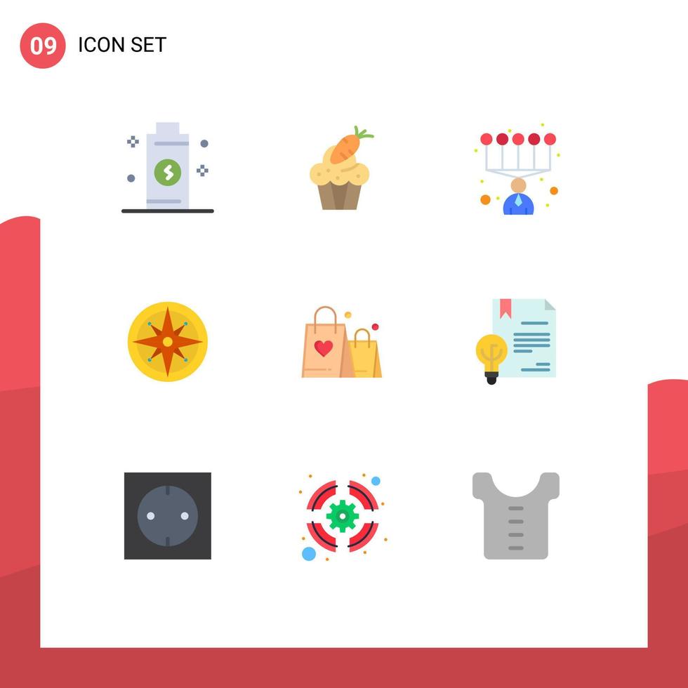 Set of 9 Commercial Flat Colors pack for handbag navigator carrot navigation compass Editable Vector Design Elements
