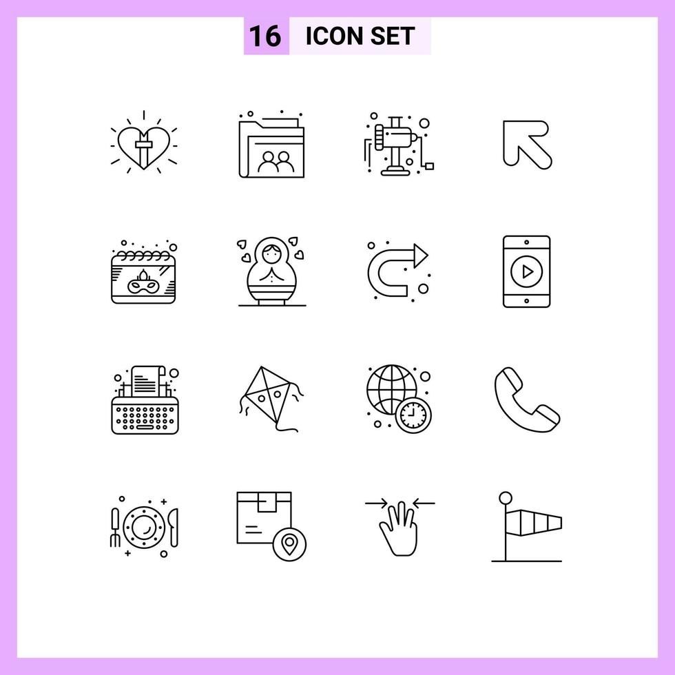 Mobile Interface Outline Set of 16 Pictograms of mask calendar folder left arrow Editable Vector Design Elements