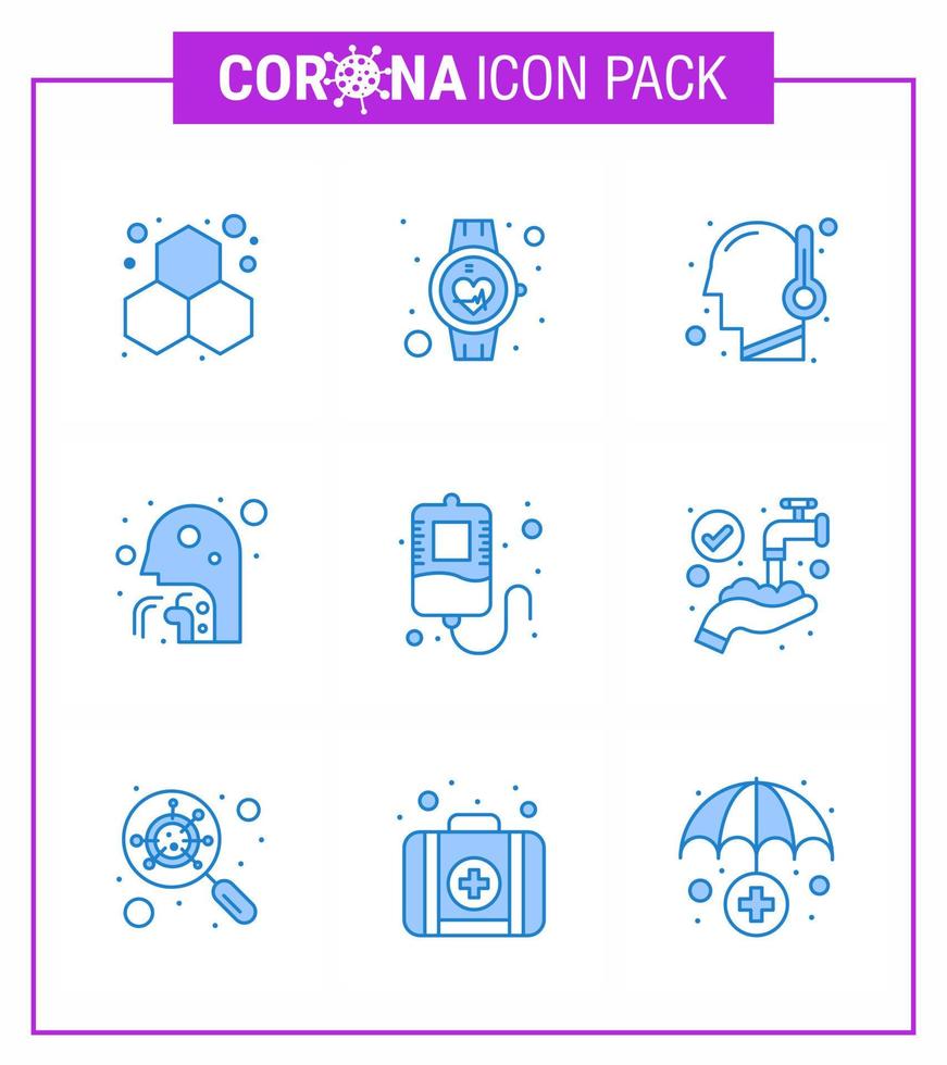 9 paquete de iconos de corona de virus viral azul, como hombre de garganta, reloj inteligente, temperatura de atención médica, coronavirus viral 2019nov, elementos de diseño de vectores de enfermedad