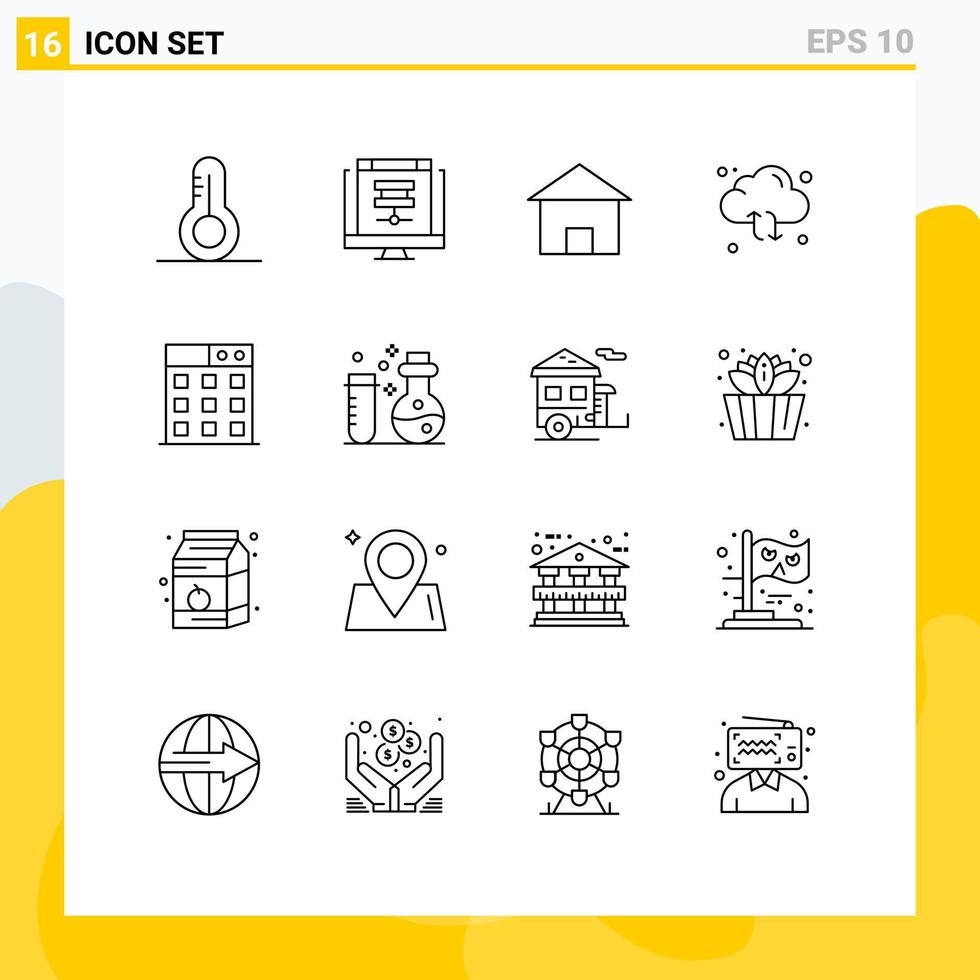 16 User Interface Outline Pack of modern Signs and Symbols of reload sync building refresh hut Editable Vector Design Elements