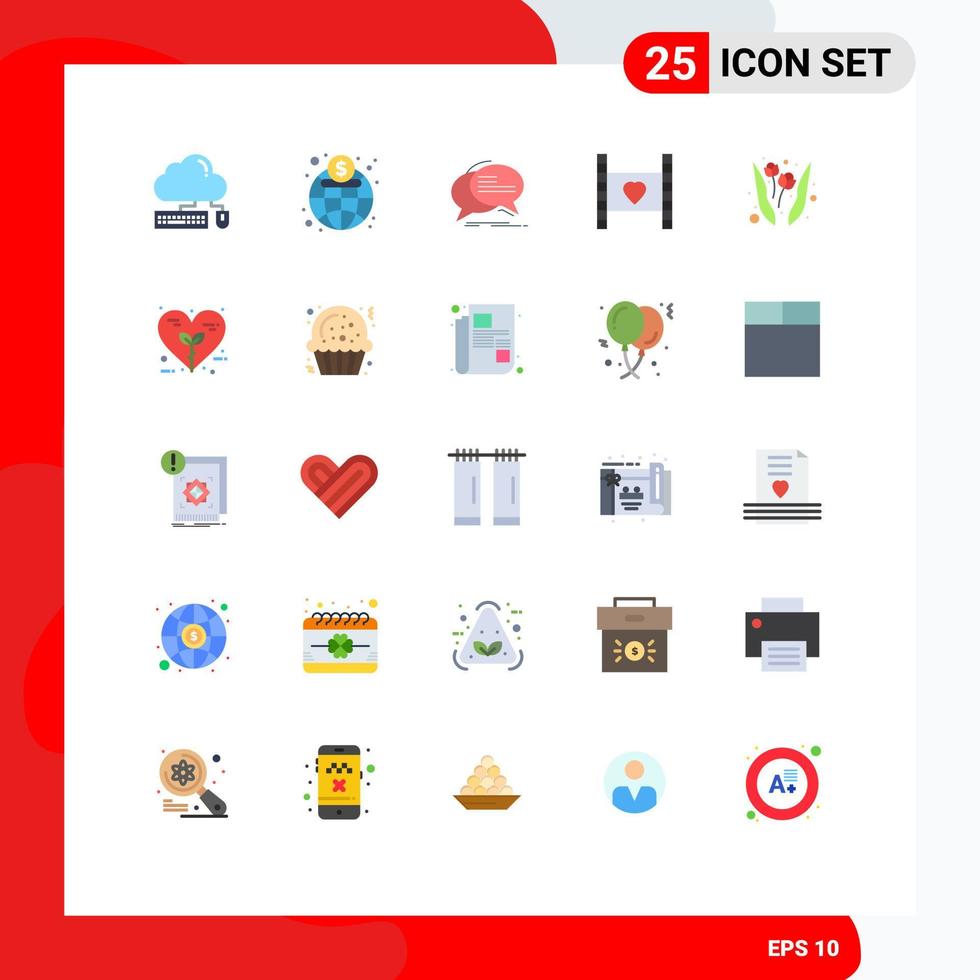 25 Universal Flat Color Signs Symbols of love heart finance film speech Editable Vector Design Elements