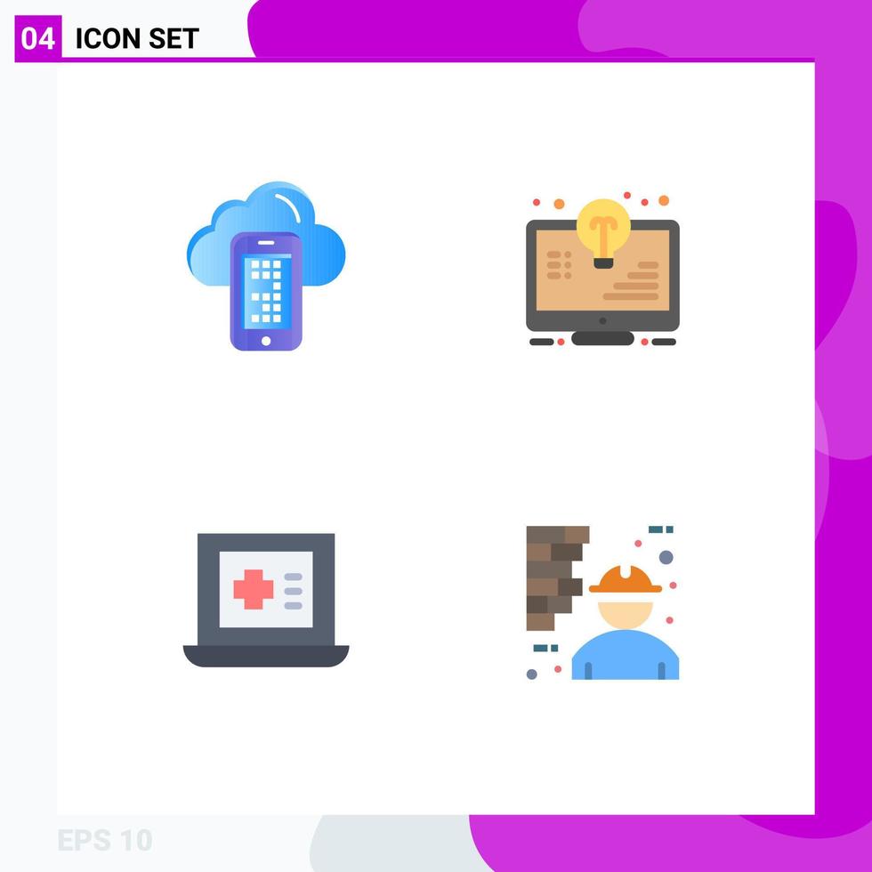 Set of 4 Commercial Flat Icons pack for cloud laptop cell light medicine Editable Vector Design Elements