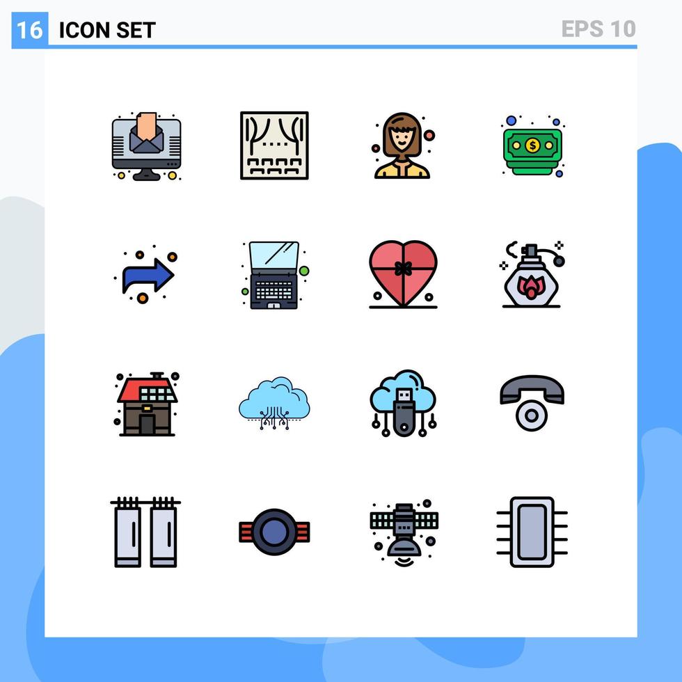 Mobile Interface Flat Color Filled Line Set of 16 Pictograms of computer forward avatar arrow dollar Editable Creative Vector Design Elements