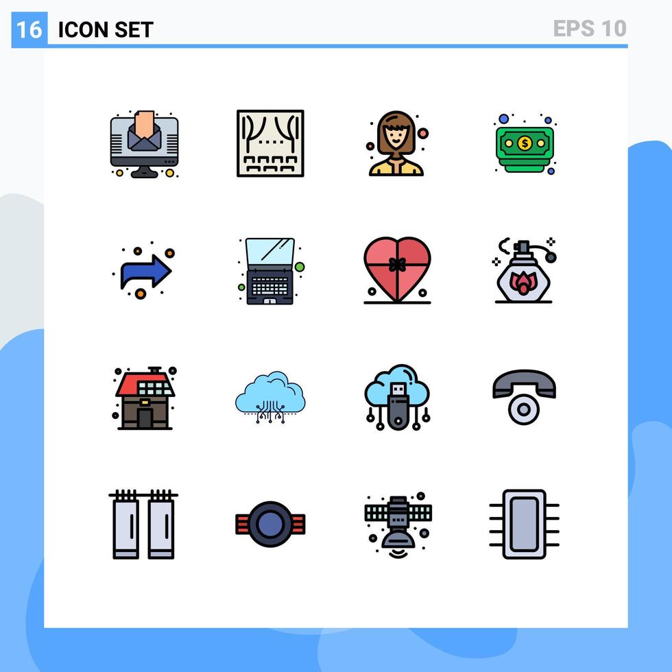 interfaz móvil conjunto de líneas llenas de color plano de 16 pictogramas de computadora adelante avatar flecha dólar elementos de diseño de vectores creativos editables