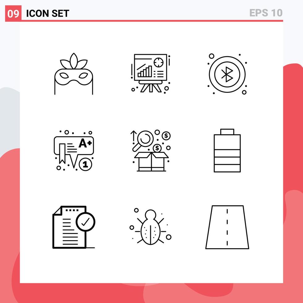 Universal Icon Symbols Group of 9 Modern Outlines of graph business interface analysis learning Editable Vector Design Elements