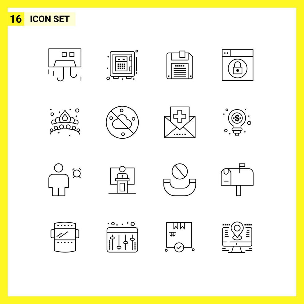 Set of 16 Commercial Outlines pack for jewelry crown money lock web Editable Vector Design Elements