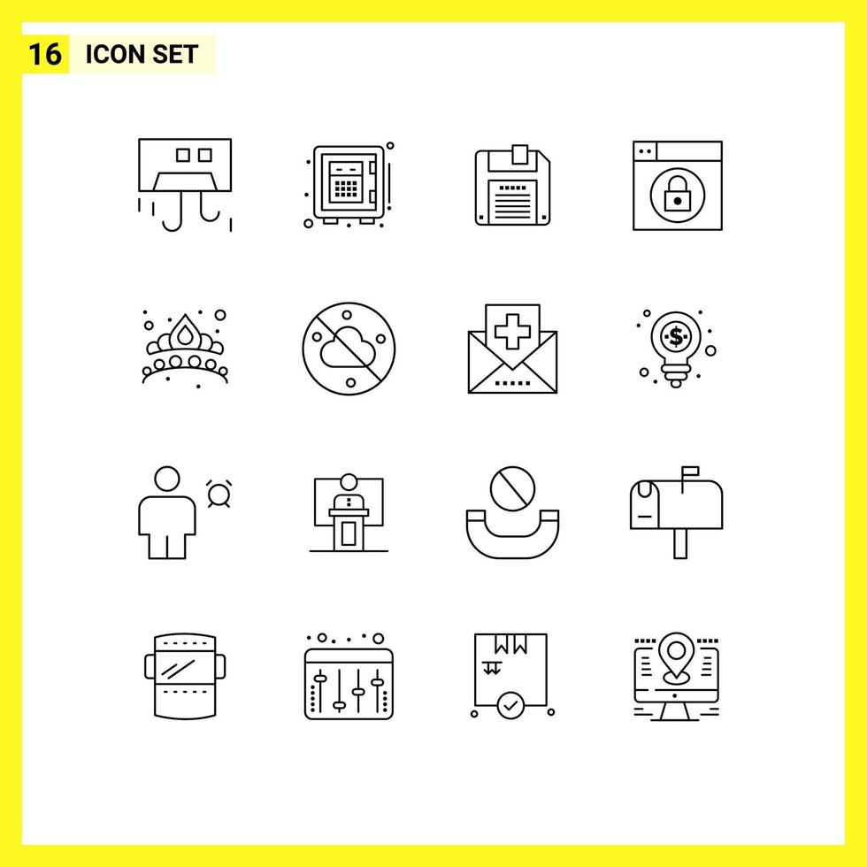 Set of 16 Commercial Outlines pack for jewelry crown money lock web Editable Vector Design Elements