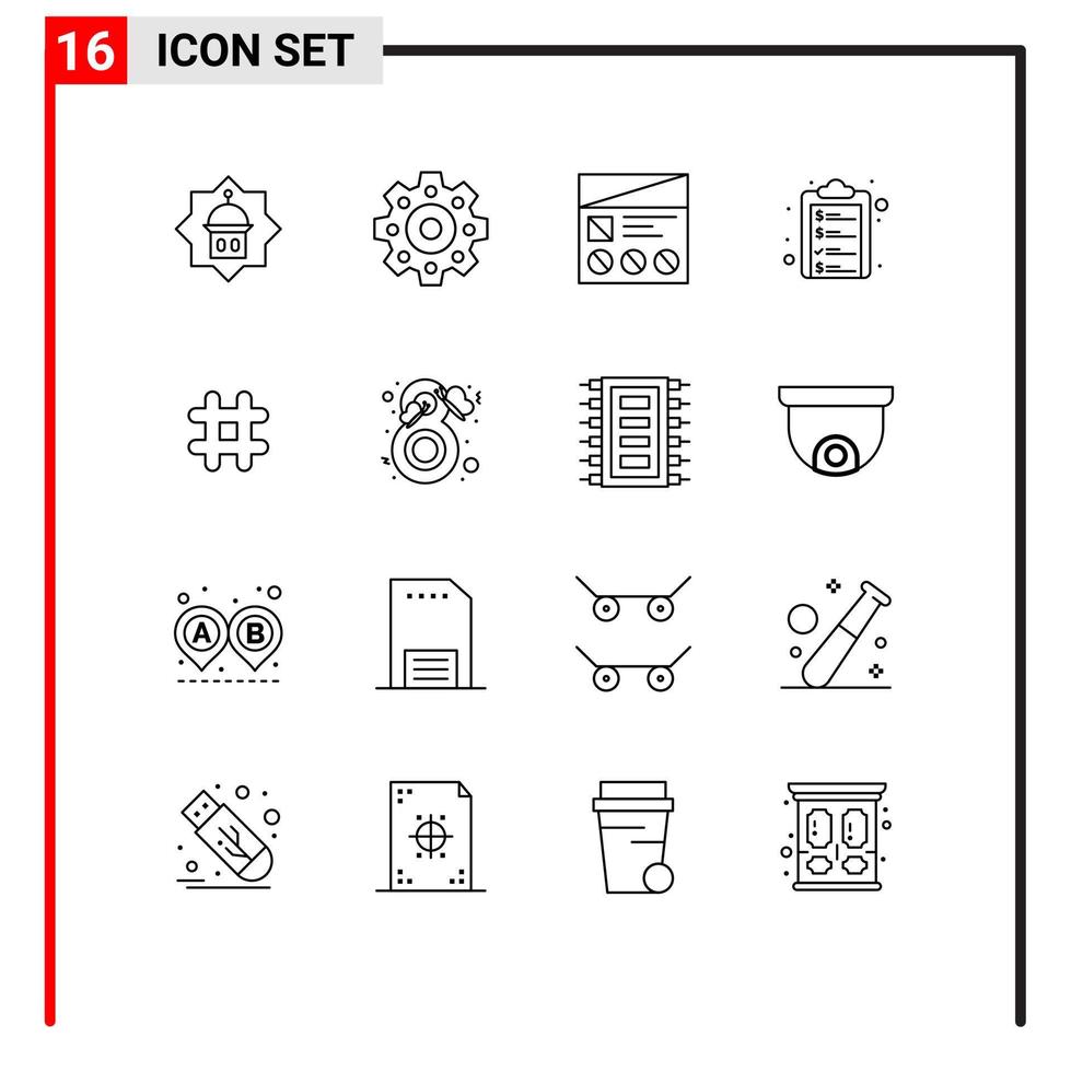 Stock Vector Icon Pack of 16 Line Signs and Symbols for hash tag money lo list check list Editable Vector Design Elements