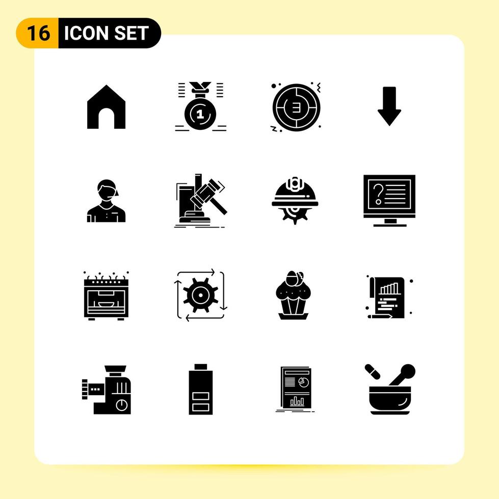 Group of 16 Solid Glyphs Signs and Symbols for arbiter down countdown arrows stopwatch Editable Vector Design Elements