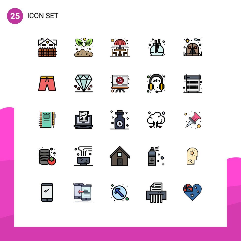 Pack of 25 Modern Filled line Flat Colors Signs and Symbols for Web Print Media such as tent camping chair scent fragrance Editable Vector Design Elements