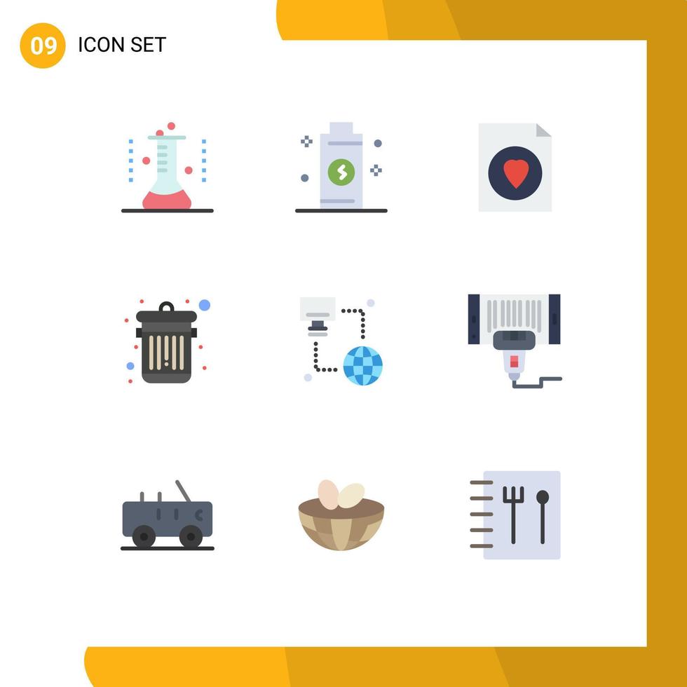 Pictogram Set of 9 Simple Flat Colors of computer internet power trash delete Editable Vector Design Elements