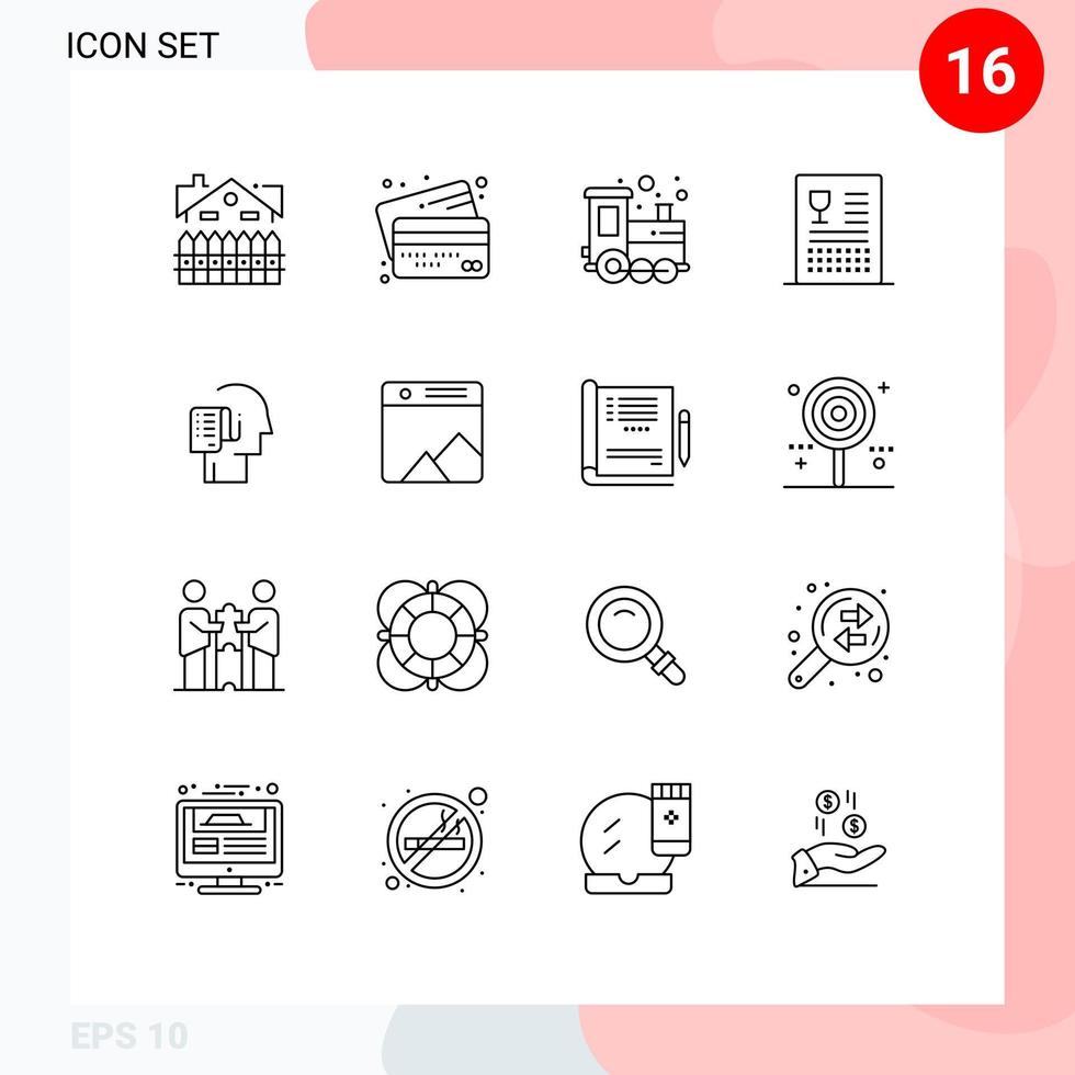 Pack of 16 creative Outlines of food cooking money catalog train Editable Vector Design Elements