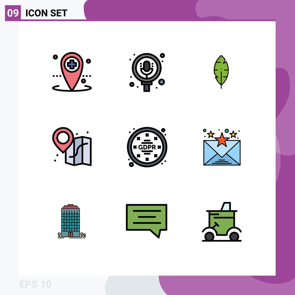 Group of 9 Modern Filledline Flat Colors Set for data privacy feather gdpr location Editable Vector Design Elements