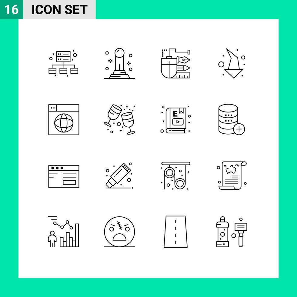 Outline Pack of 16 Universal Symbols of internet web pen down left Editable Vector Design Elements
