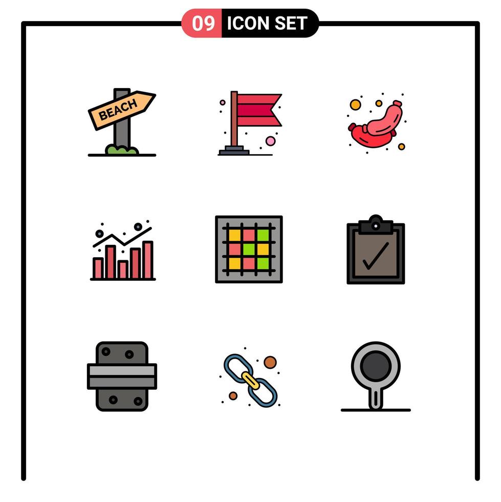 Group of 9 Filledline Flat Colors Signs and Symbols for graph statistics meat shopping chart Editable Vector Design Elements