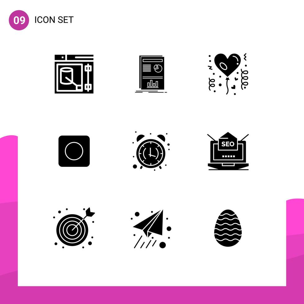 Pictogram Set of 9 Simple Solid Glyphs of clock alarm affection maximize app Editable Vector Design Elements