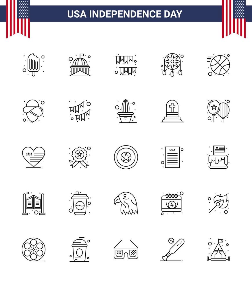 Happy Independence Day USA Pack of 25 Creative Lines of western decoration white adornment decoration Editable USA Day Vector Design Elements